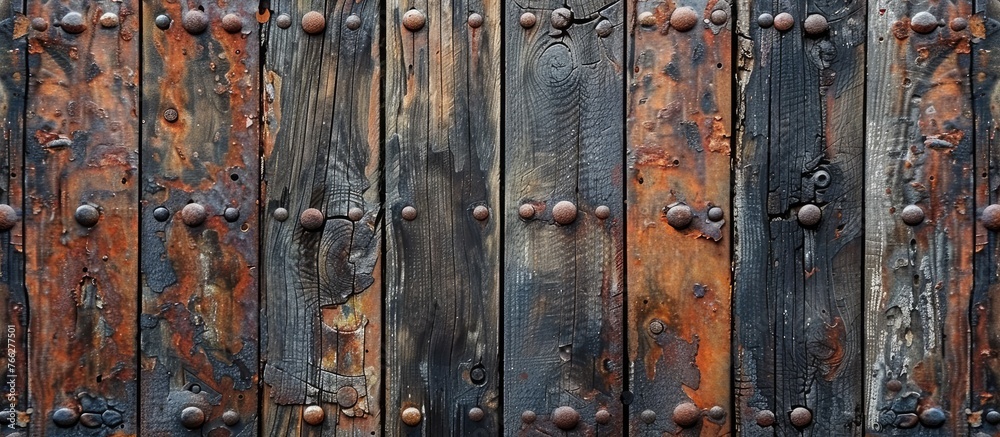 A detailed shot of a weathered wooden door adorned with metal rivets, showcasing intricate patterns and rustic charm on a building facade A detailed shot of a weathered wooden door adorned with metal rivets, showcasing intricate patterns and rustic charm on a building facade