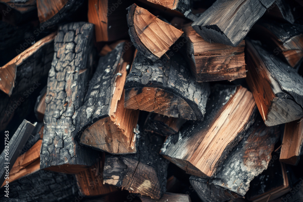 Pile of chopped firewood with a deep contrast of textures and dark tones. Pile of chopped firewood with a deep contrast of textures and dark tones.