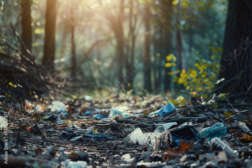A haunting scene of a forest floor littered with discarded waste under a dim light.