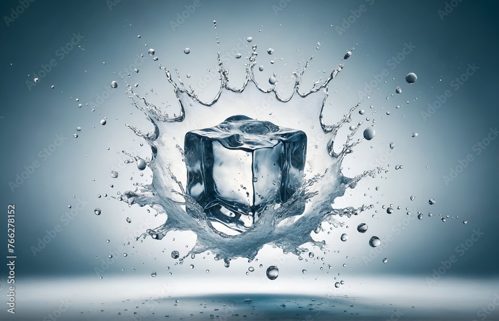 an ice cube with a splash of water - obrazy, fototapety, plakaty 
