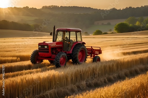 combine harvester working in the field, Picture a picturesque rural scene where a vintage red tractor takes center stage, plowing through a vast field of golden wheat. As the tractor moves steadily fo