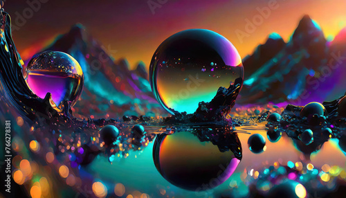 Abstract and colorful oily bubbles in liquid photo
