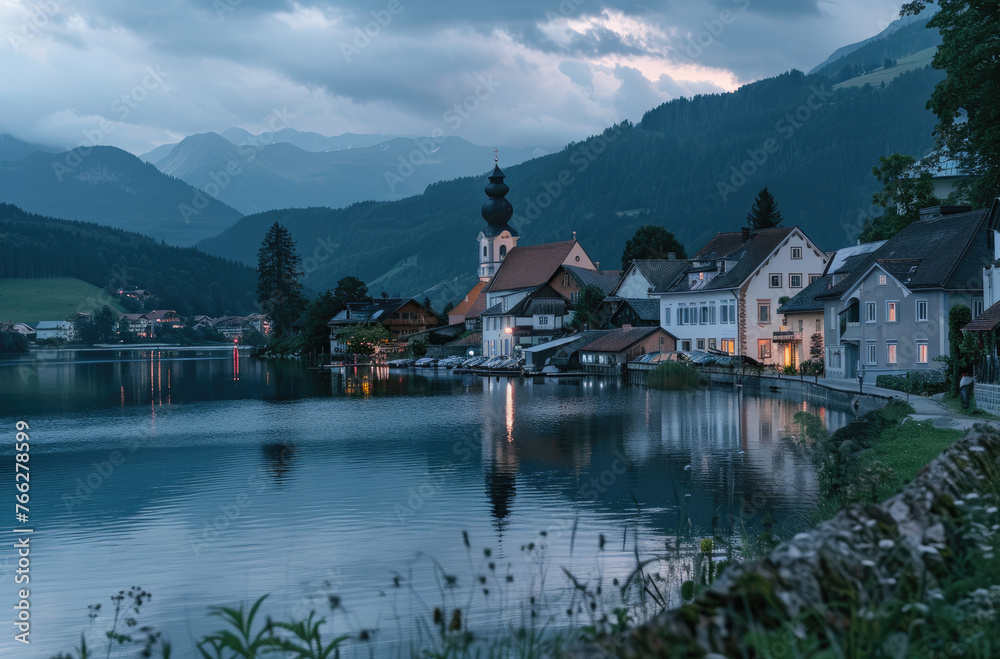 A picturesque view of Hall slammed, Austria with its iconic church and lake surrounded by mountains at dusk