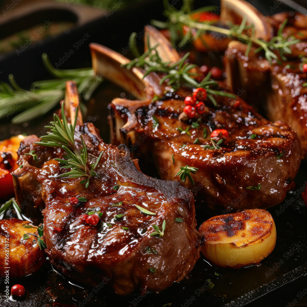 Treat yourself to the culinary masterpiece of perfectly grilled lamb chops, seasoned to perfection for a mouthwatering dining experience. AI generative