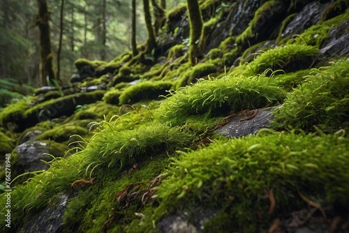 moss growing on a rock in a forest with rocks and trees,