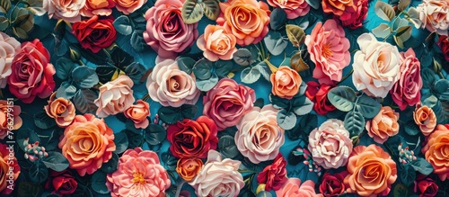 A stunning display of garden roses in various shades of pink, aqua, and rose on a vibrant azure background, creating a beautiful contrast of colors in a floral arrangement
