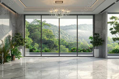 Modern style luxury white empty room with garden view 3d render There are gray marble tile wall and floor decorate with crystal chandelier overlooking nature view background