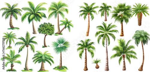 Miami trees  coconut palm or exotic hawaii forest green tree. Isolated vector symbols set