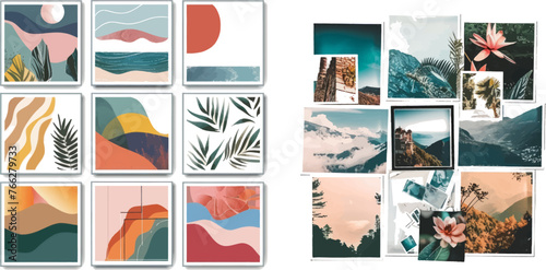 Photos with shadow, abstract picture frames composition and designed mood board vector template collection