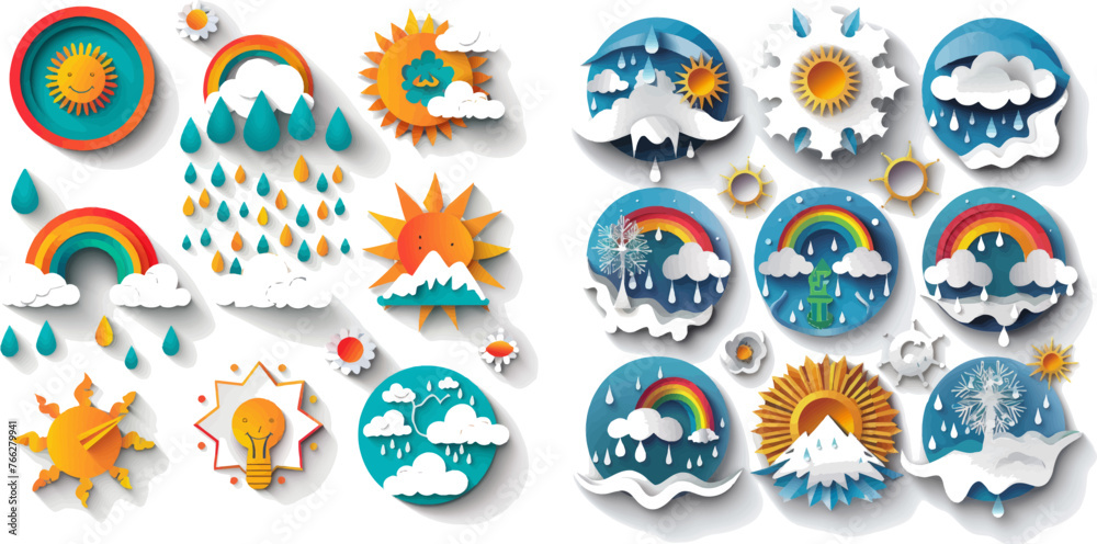 Symbols of rain, rainbow, sun, hot and cold temperature, winter snow and cloud Symbols of rain, rainbow, sun, hot and cold temperature, winter snow and cloud