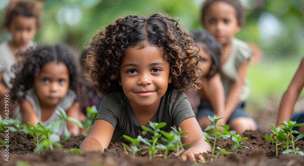 Smiling african american Children together Engaged in Planting Saplings. Environmental education activity, fostering an early appreciation for nature and the importance of plants