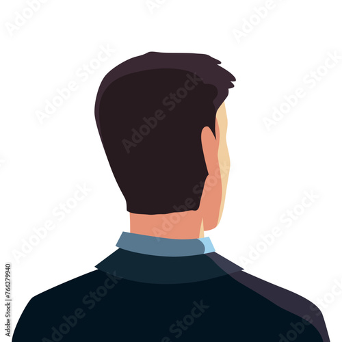 Man avatar back view. Press conference, reporter is interviewing