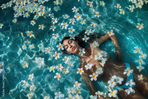 Beautiful girl lying in  blue water with tiare flowers photo
