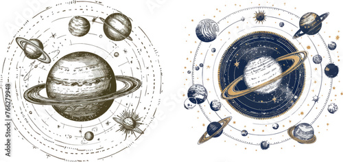Hand drawn sketch planet earth orbit around sun, astrology circle universe