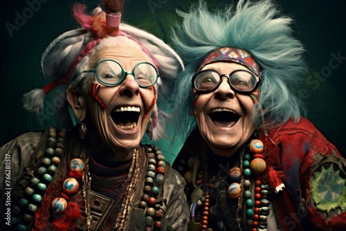 Joyful Elderly Women in Vibrant Knitwear Celebrating with Laughter. Generative ai