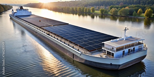 inland waterway ships with solar panels to charge with solar energy, concept art
 photo