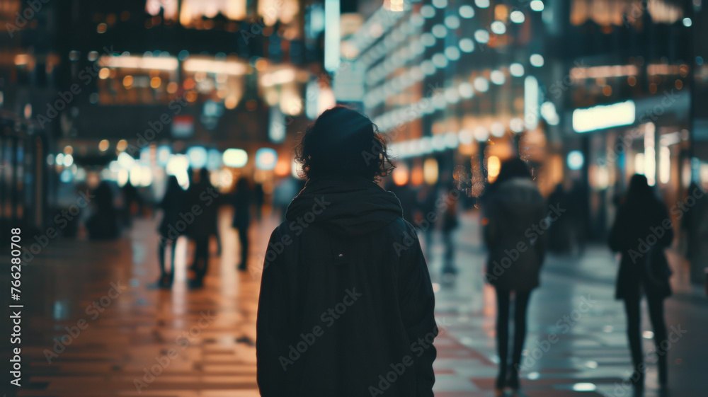 Urban explorer in a hooded jacket gazes at city lights on a reflective night walk.