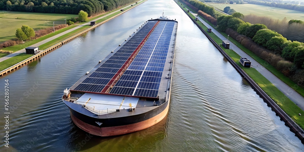 inland waterway ships with solar panels to charge with solar energy, concept art
