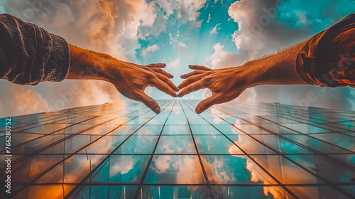 Floating above a reflective glass building that splits the sky, diverse hands come together, forming a bridge between the earth and the heavens