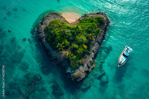 top view of a heart shaped island with green water and tropical trees and fruits © Izhar
