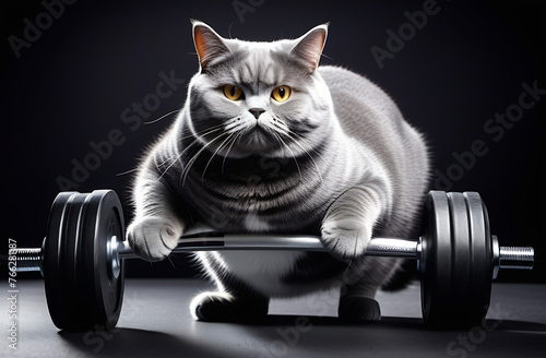 Funny fat cat with a barbell, obesity concept photo