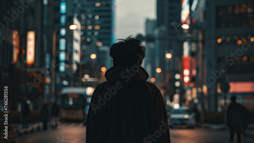 Silhouette of a person strolling through a vibrant city at night.