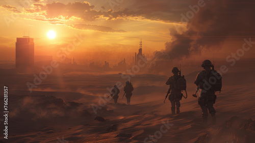 Futuristic soldiers advancing through a dusty desert at sunset.