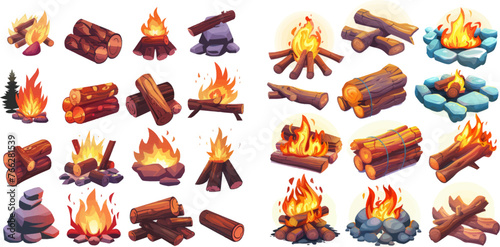 Outdoor bonfire, fire burning wooden logs and camping stone fireplace