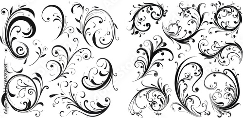 Modern swirling flourishes, romantic card decorative swirl and wedding card decor curls swirles dividers vector set