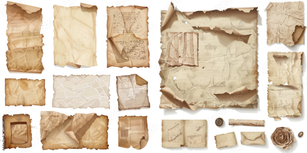 Paper scrap, antique notice or grunge craft memo page. Vector isolated symbols illustration set