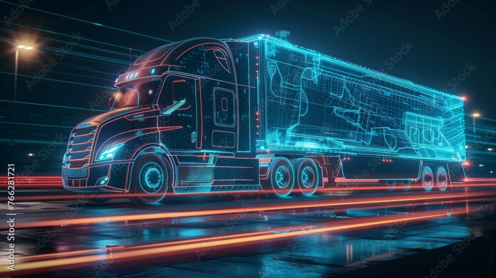 Futuristic Technology Concept- Autonomous Semi Truck with Cargo Trailer Drives at Night on the Road with Sensors Scanning Surrounding. Special Effects of Self Driving Truck Digitalizing Freeway