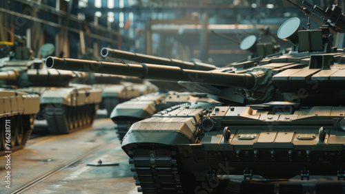 Imposing line of armored tanks in a logistic military facility. photo