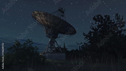 Nighttime's serenity graced by an imposing radio telescope under starry skies.