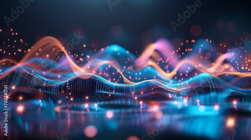 Futuristic Abstract Background Concept. Network Conveying Connectivity  Complexity And Data Flood Of Modern Digital Age.Communication And Technology Network Background With Moving Lines And Dots