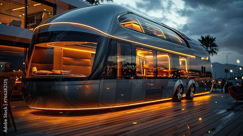 Detailed close-up of a luxury motorhome's sleek exterior, complete with modern amenities and panoramic windows for scenic views.