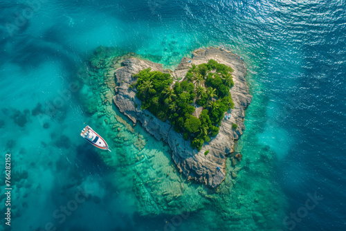 top view of a heart shaped island with green water and tropical trees and fruits and a boat