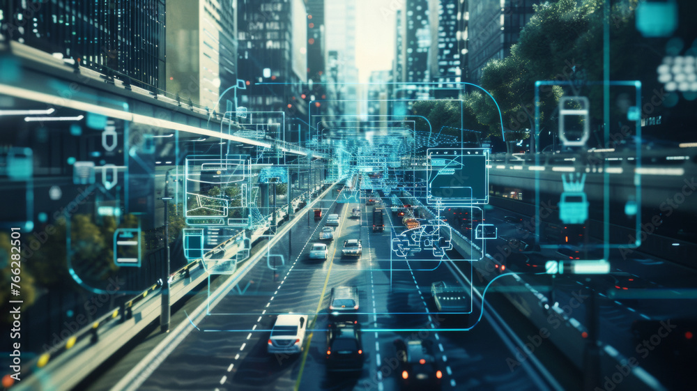 Vision of a data-driven cityscape with digital interfaces overlaying urban traffic.