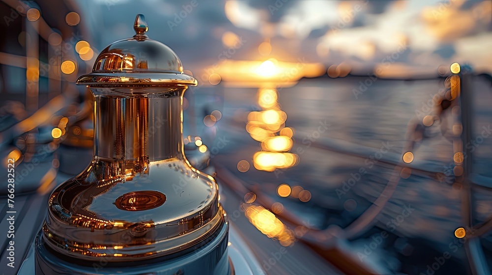Detailed view of a boat's polished brass bell, gleaming in the sunlight and ready to signal the start of a new nautical adventure. - obrazy, fototapety, plakaty 