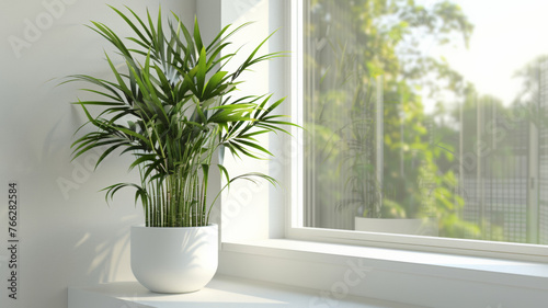Sunlight bathes a vibrant indoor plant by a serene window setting.
