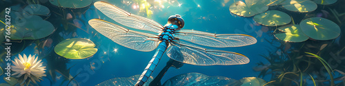 A dragonfly skimming over a crystal-clear pond, momentary hover, fleeting reflection,  hyper realistic © NEW