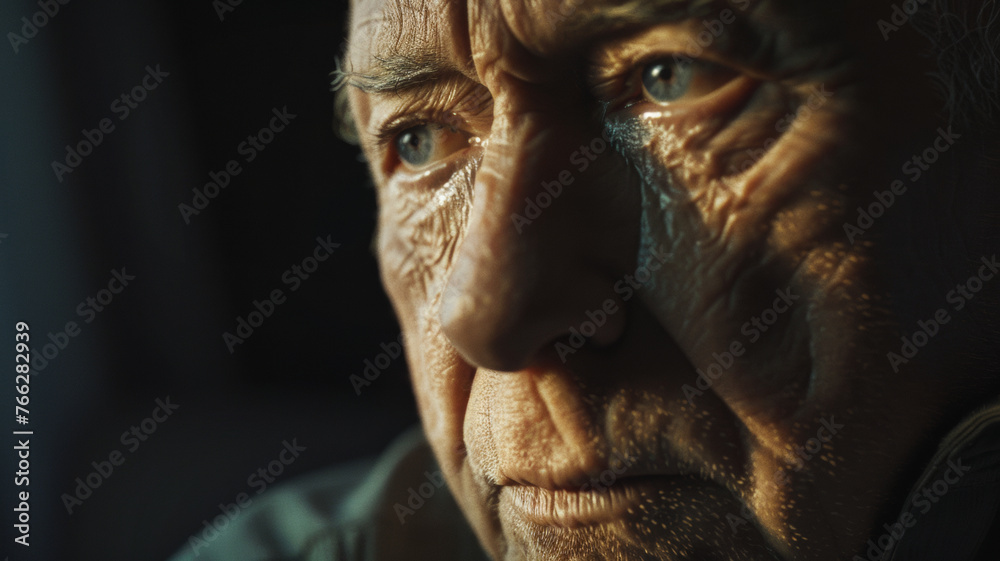 Intense gaze of an elderly man caught in a beam of light, revealing a life's experience.