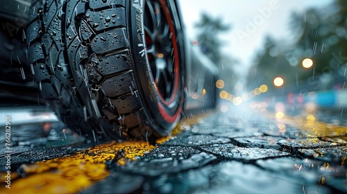 Experience the raw power of tire rubber gripping the asphalt, each contact patch a testament to traction and control. photo