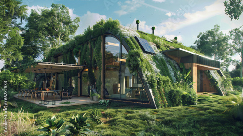 Eco-friendly modern house embraced by lush greenery and living roofs.