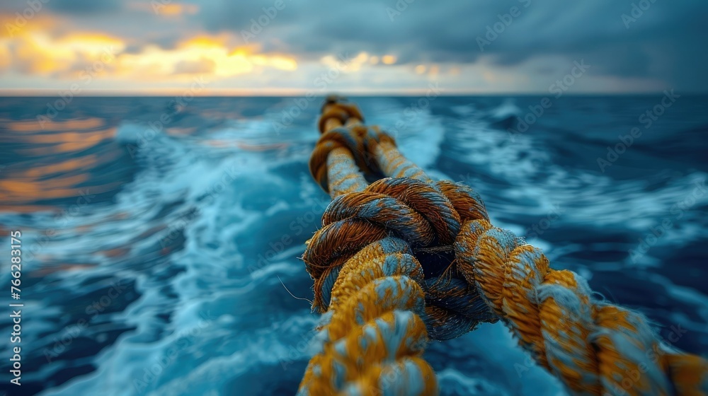 Macro photography of a boat's rope ladder, swaying gently in the breeze against the backdrop of a serene seascape. - obrazy, fototapety, plakaty 