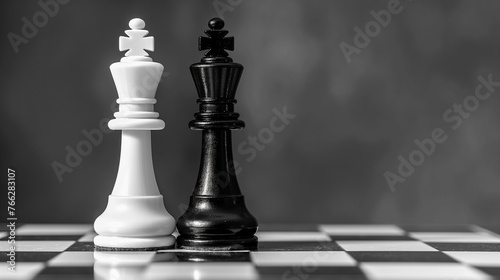 Chess pieces, black and white king on black and white chess board, strategy and game theory concept