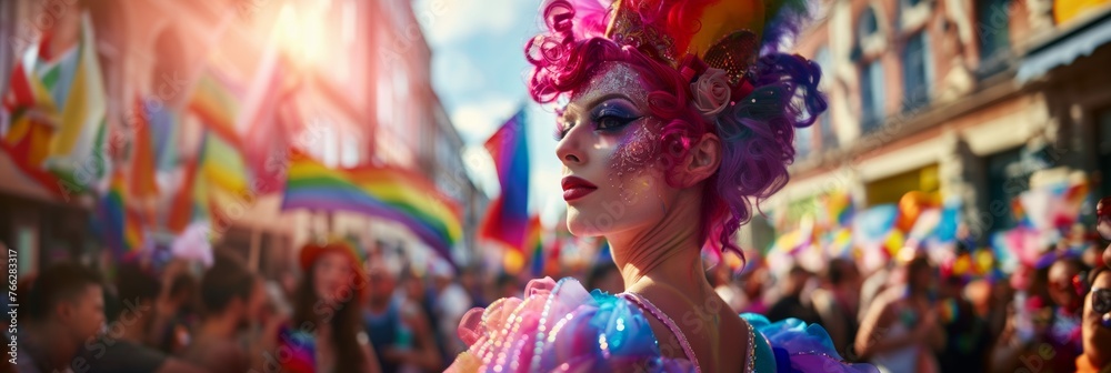 LGBT history month: June is Pride Month. Gay pride parade, Fictional queer or gender non binary person with pink hair: Man with makeup, drag queen, background with rainbow flag - obrazy, fototapety, plakaty 