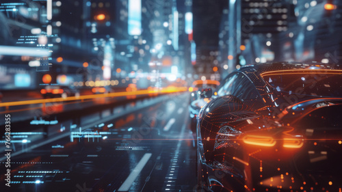 Futuristic cityscape pulses with life, cars rendered as light streaks under the cyber-night. © VK Studio