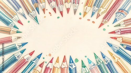 Horizontal AI illustration circle of colored pencils on white. Concept backgrounds and textures.