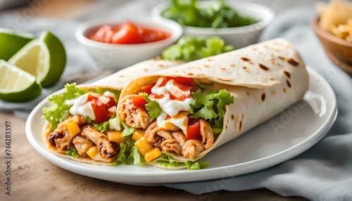 Alternative taco or burrito which includes traditional sandwich fillings wrapped in a tortilla. Cheesy chicken wrap in tortilla served on white plate.
