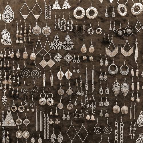 Earrings Market. Jewelry Sale. Jewellery Counter Display. Decorative Texture